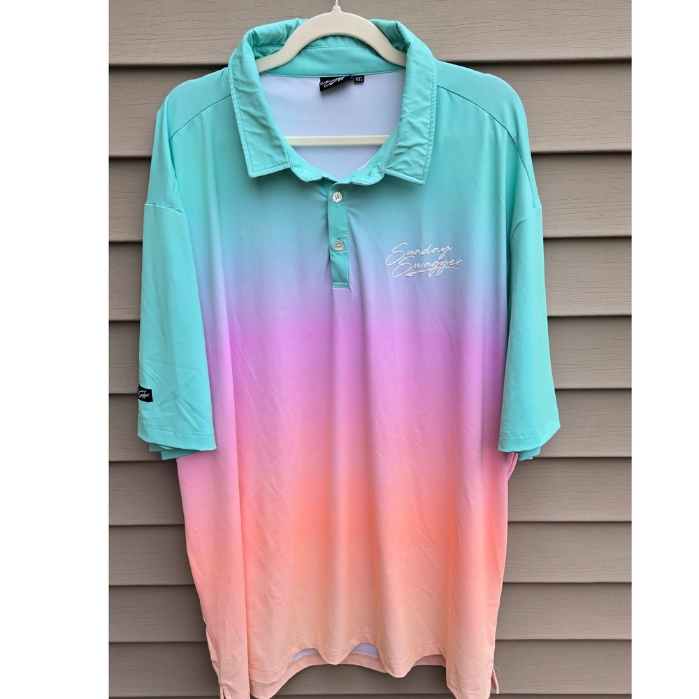 Sunday Swagger Ombre Golf Polo Shirt Mens 4XL Teal Pink Peach Gradient Stretch